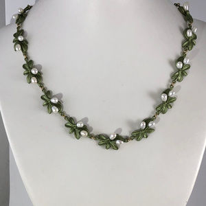 Beautiful Soft Green Leaves & Seed Pearls Necklace